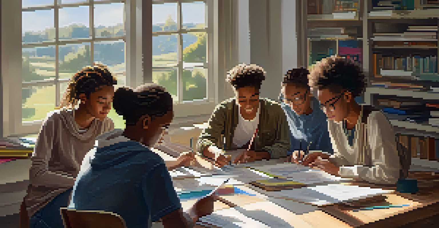 A group of diverse students working together on a project in a bright classroom.