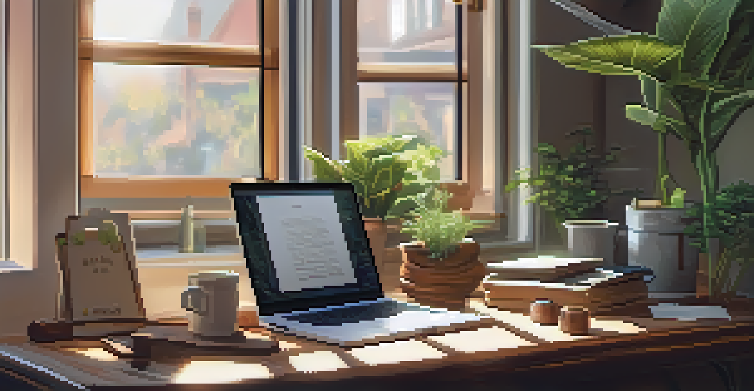 A warm and inviting workspace with a laptop, notepad, and coffee cup, illuminated by natural light.