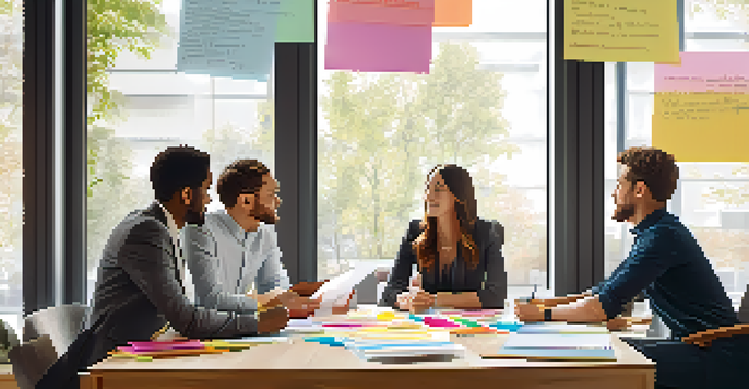 A diverse group of four individuals engaged in a brainstorming session in a modern office, surrounded by colorful sticky notes and a whiteboard.
