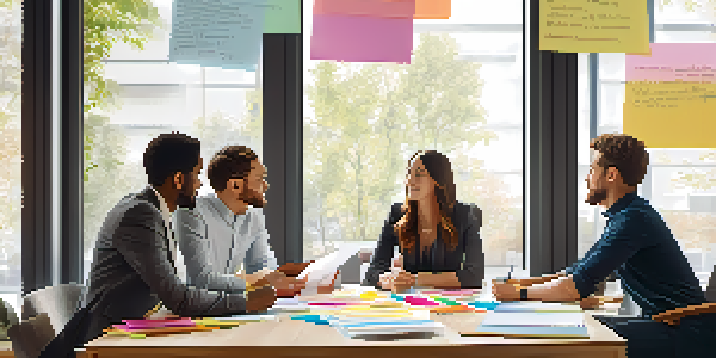 A diverse group of four individuals engaged in a brainstorming session in a modern office, surrounded by colorful sticky notes and a whiteboard.