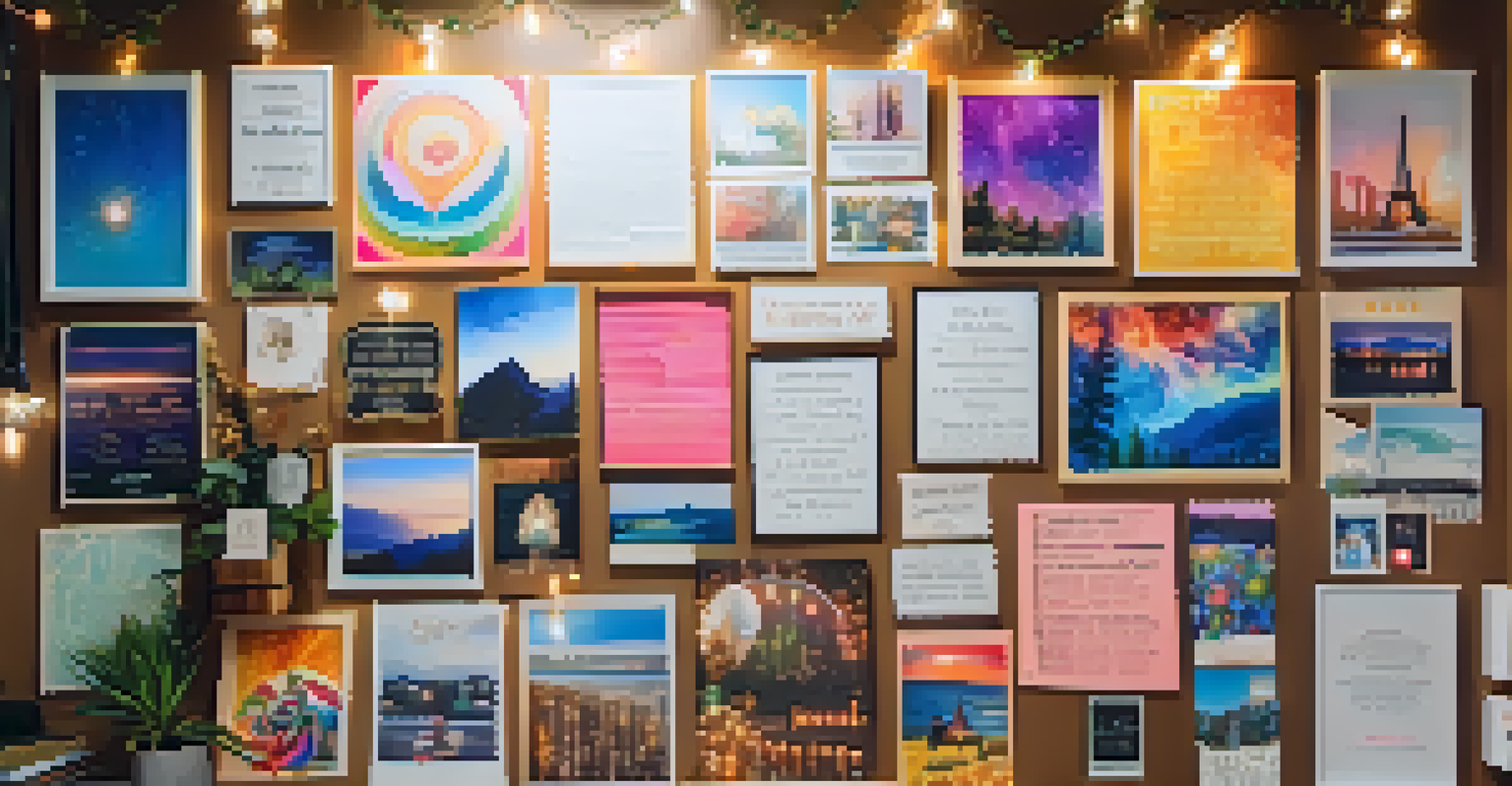 A vision board on a wall filled with colorful images and inspiring words, illuminated by fairy lights.