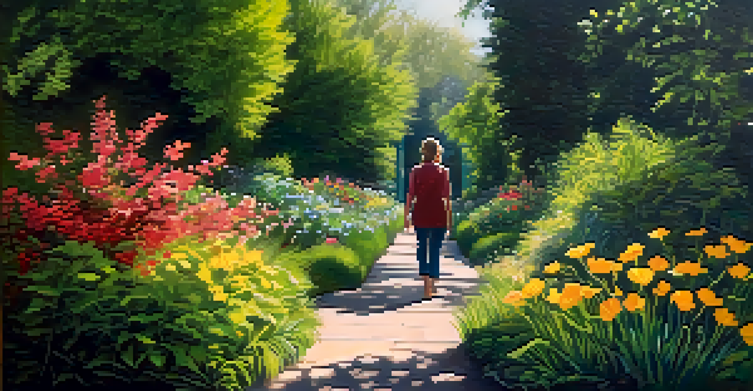 A person walking in a vibrant garden, surrounded by flowers and greenery, enjoying a moment of mindful awareness.