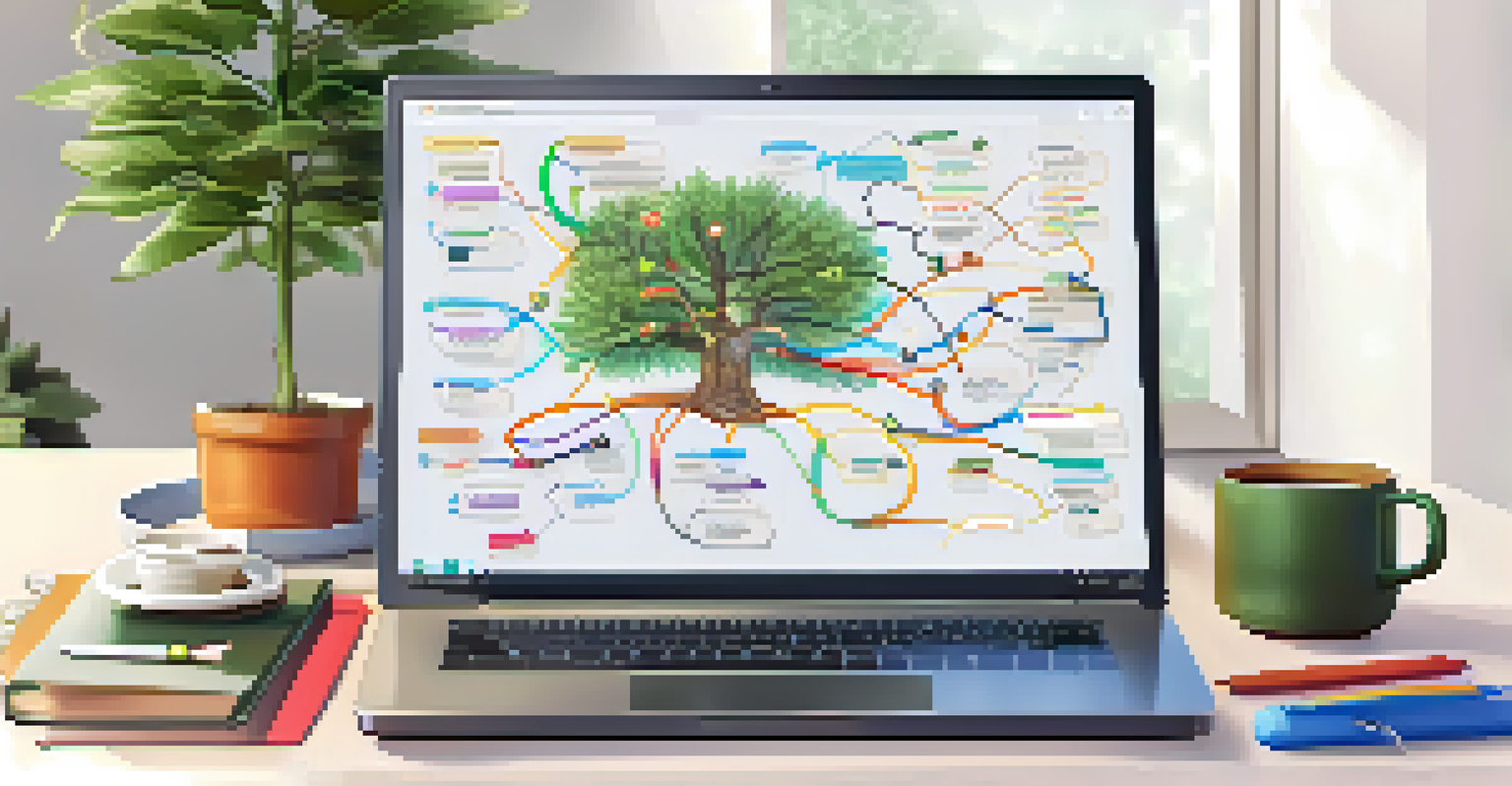 A laptop screen displaying a digital mind mapping software with a colorful mind map, set in a modern workspace with a plant and coffee.