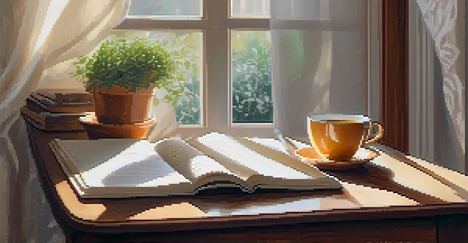 A person journaling in a cozy corner with sunlight, a cup of tea, and a potted plant, creating a peaceful atmosphere.