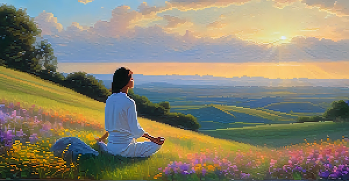 A person meditating on a grassy hilltop with wildflowers during sunset, radiating tranquility.