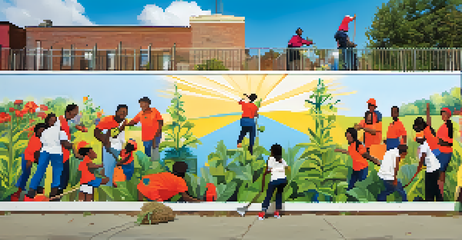 A colorful mural illustrating community volunteering and resilience, showing diverse people helping each other.