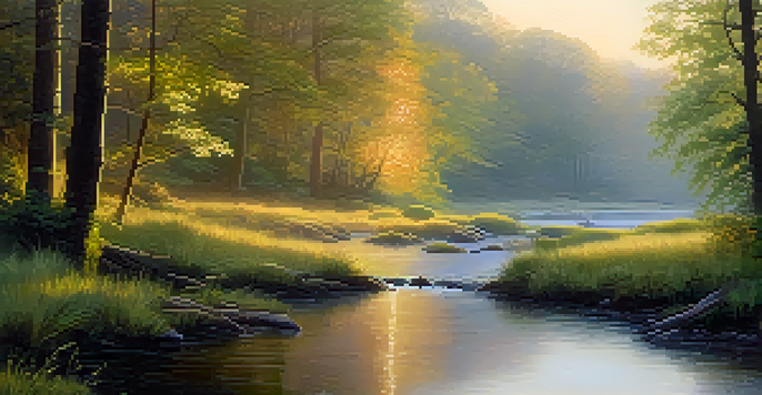 A tranquil forest at dawn with sunlight filtering through the leaves and a gentle stream flowing.