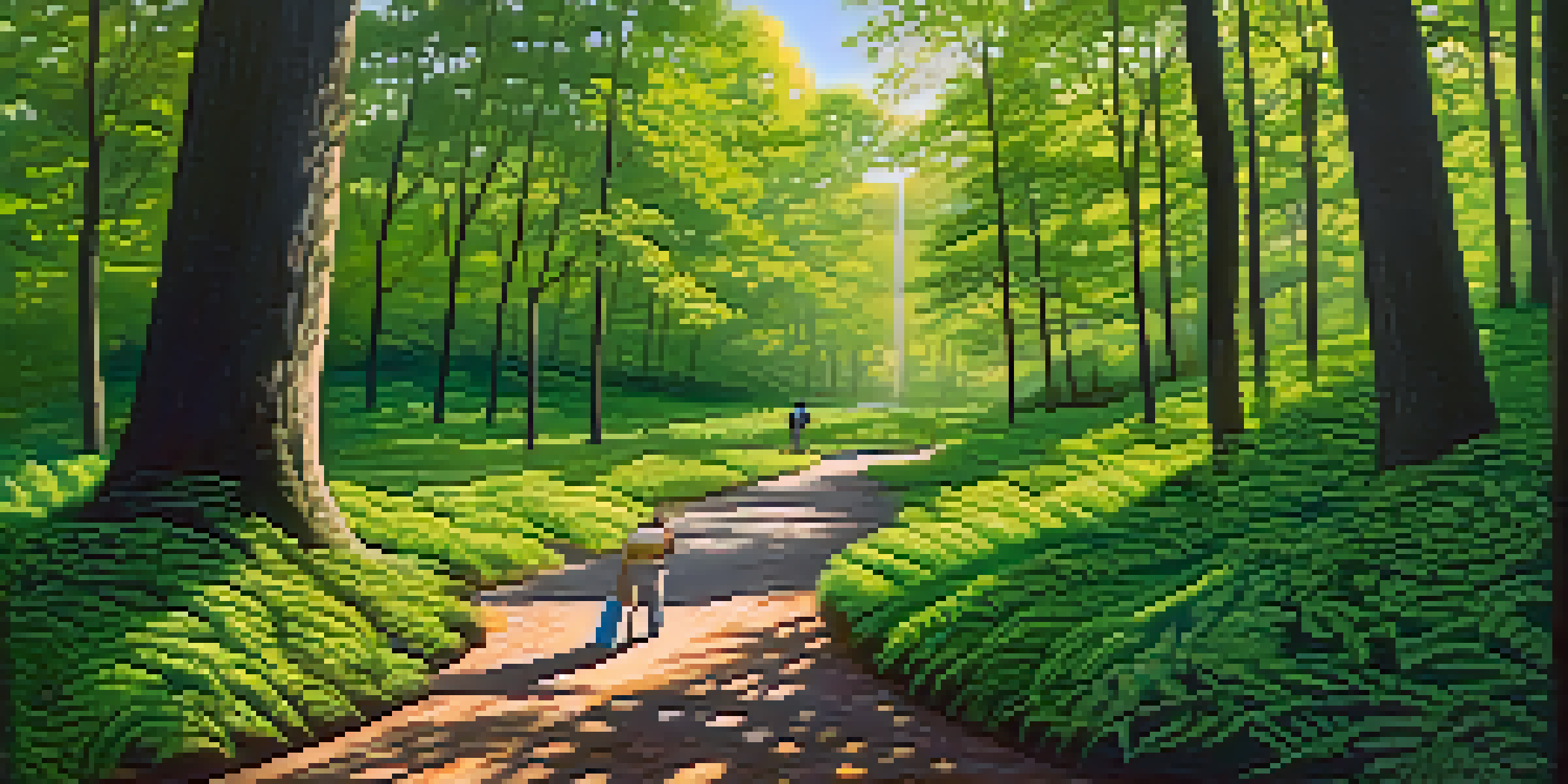 A person walking along a winding path in a vibrant green forest, holding a notebook, surrounded by dappled sunlight.