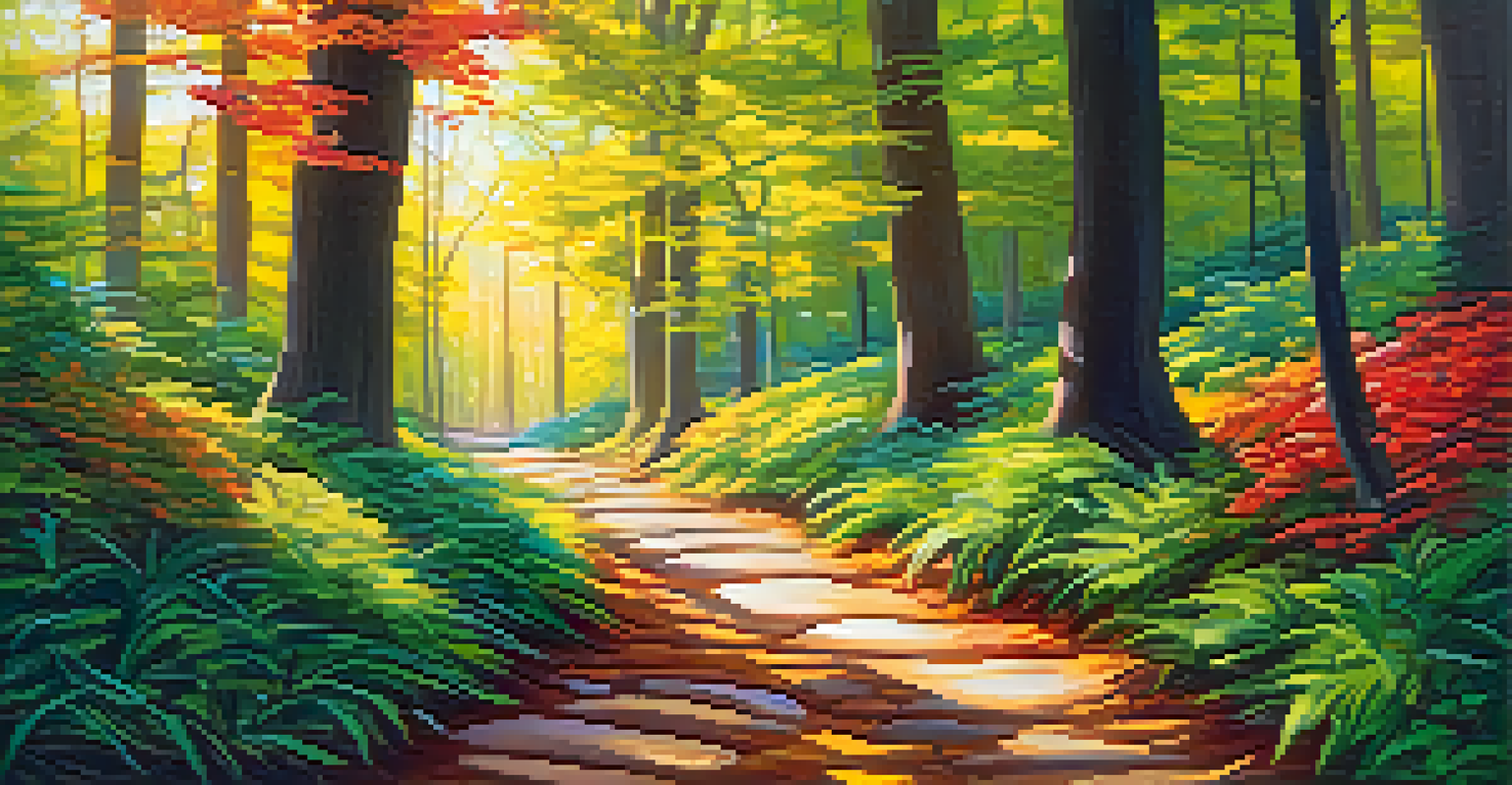 A winding path through a vibrant forest, showcasing activities like reading and meditating, symbolizing personal growth.