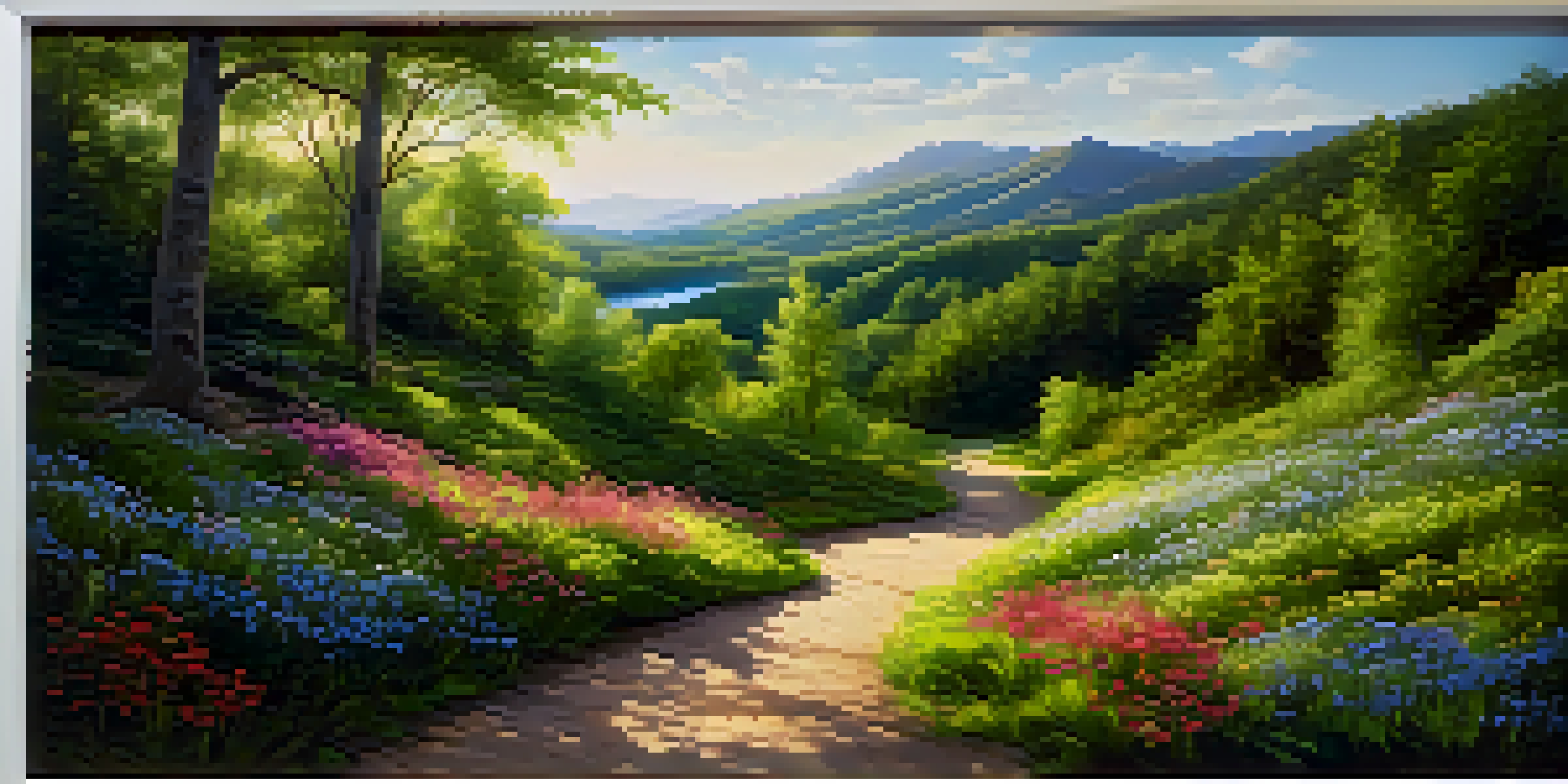 A winding path in a lush green forest, with sunlight and colorful wildflowers, leading toward a gentle hill under a blue sky.