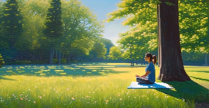 A person meditating in a tranquil park, surrounded by nature, highlighting self-awareness and mindfulness.