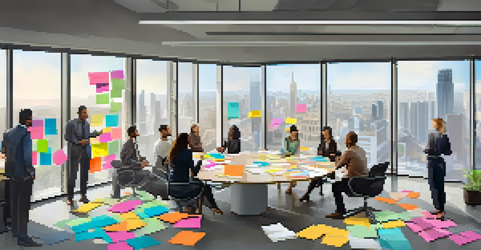 A diverse team brainstorming in a bright office space, filled with post-it notes and a view of the city.