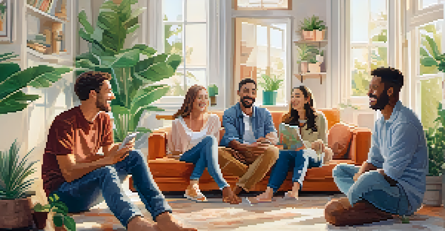 A group of friends sharing gratitude in a cozy living room filled with plants and laughter.