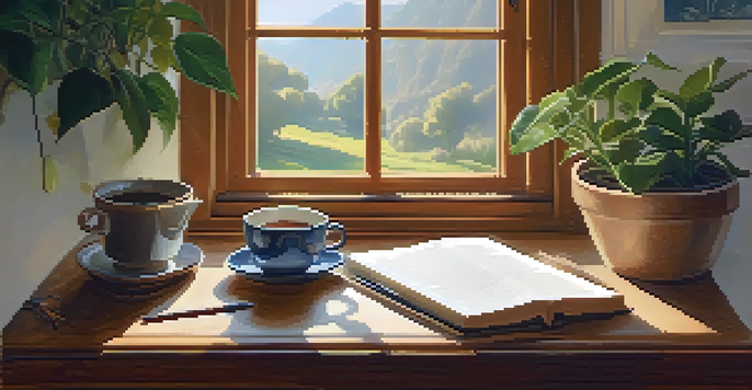 A person writing in a journal at a wooden desk, with a cup of tea and plants around them, illuminated by morning light.