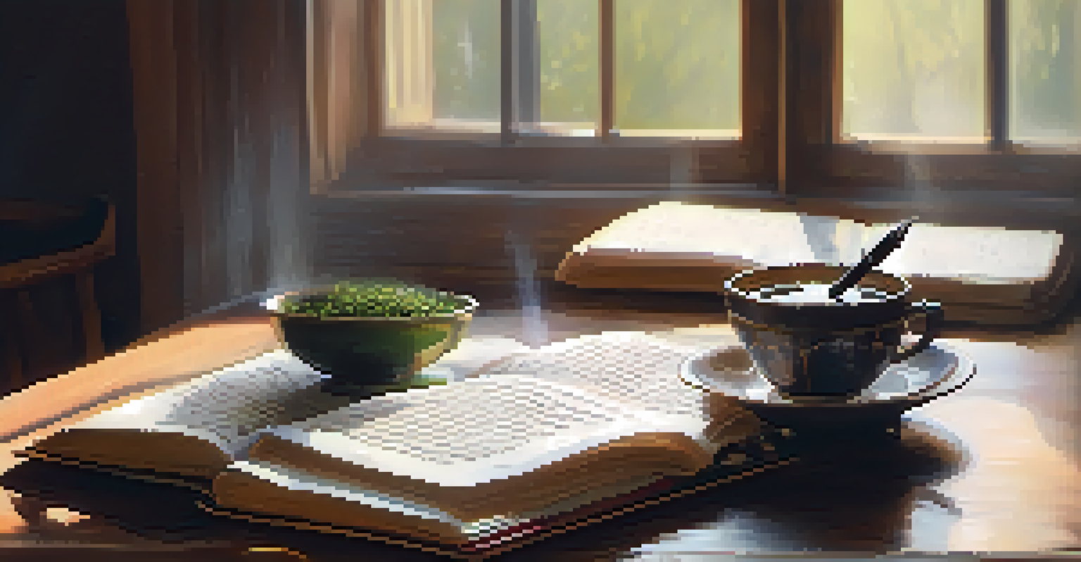 An open journal with handwritten notes and a fountain pen, accompanied by a cup of herbal tea in a warm light setting.