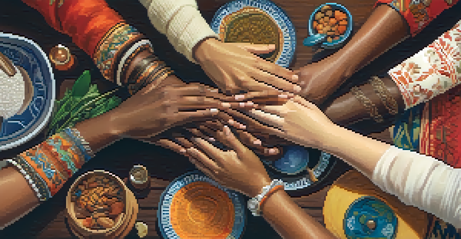 Close-up of diverse hands forming a circle on a table, surrounded by multicultural items symbolizing unity and collaboration.