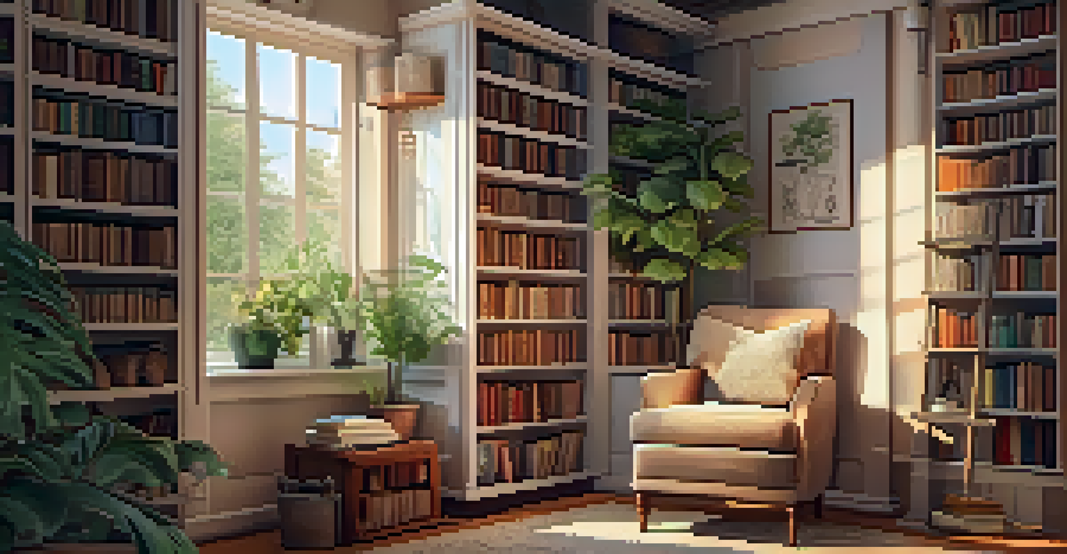 A cozy reading nook with an armchair, a cup of tea, books, and warm lighting creating a relaxing environment.
