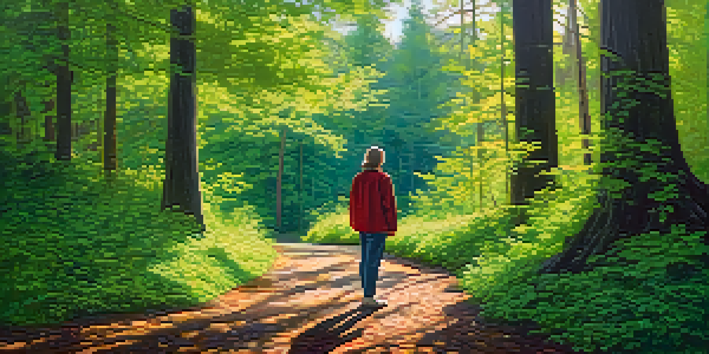 A person standing at a crossroads in a green forest, contemplating two paths with sunlight filtering through the trees.