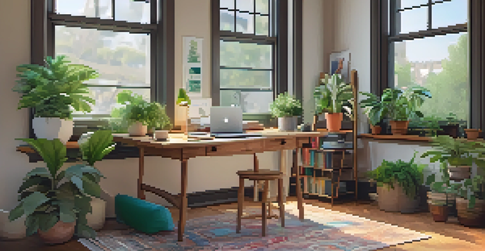A cozy study area with a wooden desk, open laptop, colorful notebooks, and a cup of coffee, surrounded by green plants and a warm rug.