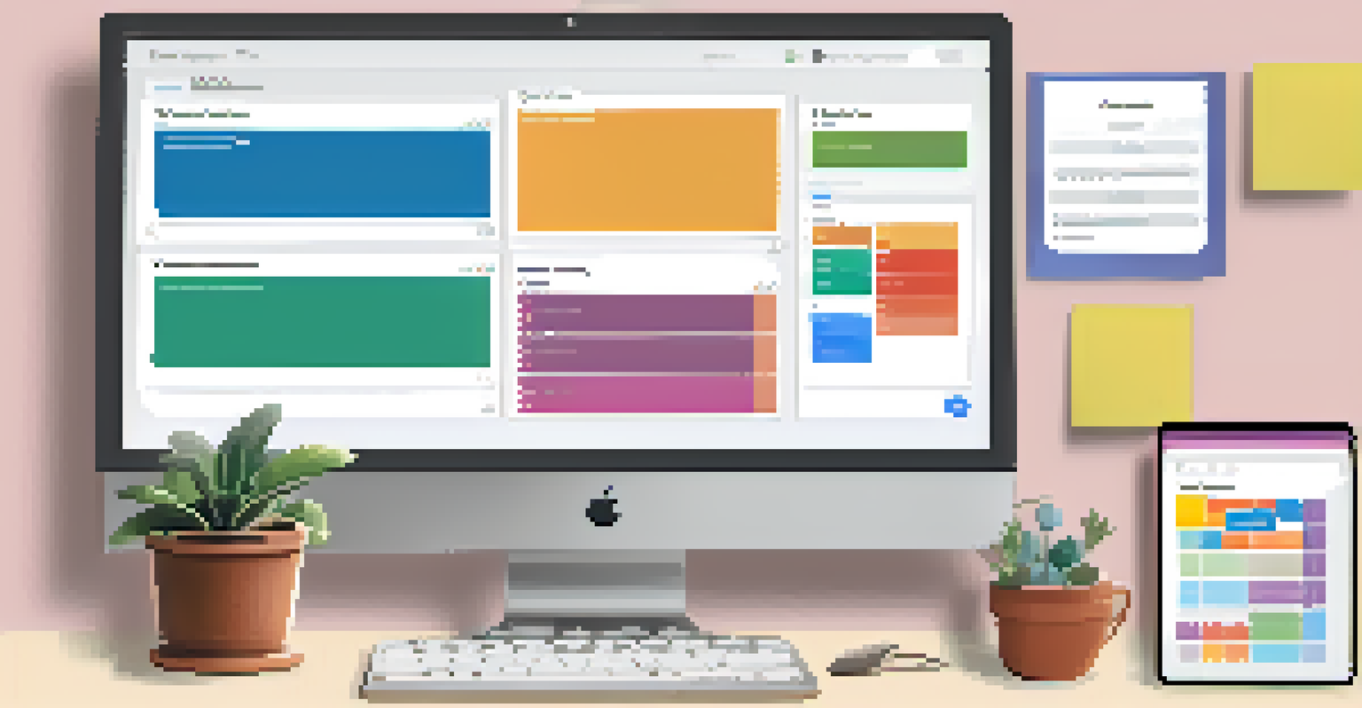 A computer screen displaying a project management tool with a colorful Kanban board and tasks, set on a cozy desk with a coffee mug and a plant.