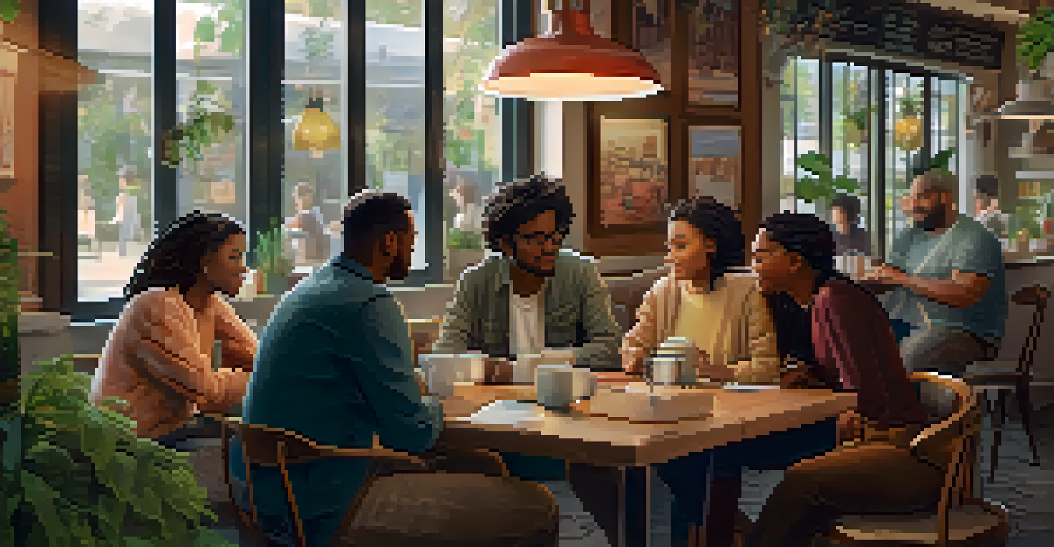 A diverse group of people talking and sharing ideas in a cafe, surrounded by a warm and inviting atmosphere.