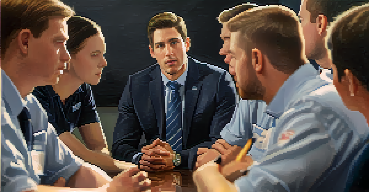 A leader speaking empathetically to a team, with team members listening attentively in a warm, inviting setting.