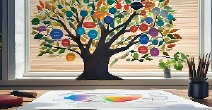 A colorful mind map displayed on a wooden desk, with branches and keywords stemming from a central theme, illuminated by soft sunlight.