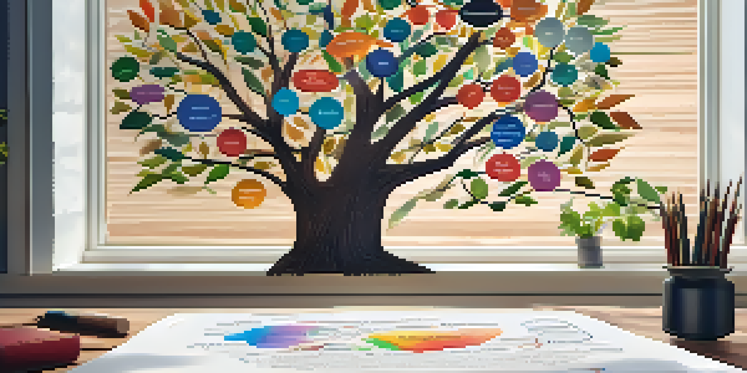 A colorful mind map displayed on a wooden desk, with branches and keywords stemming from a central theme, illuminated by soft sunlight.
