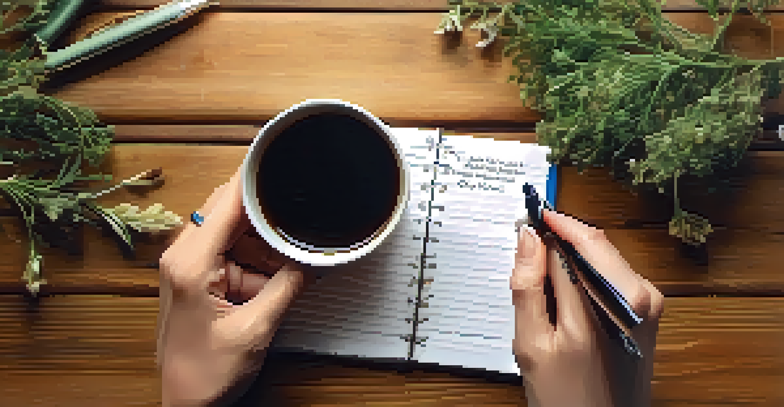 Close-up of hands holding a pen over a notepad with empowering affirmations, with a cup of tea in the background.