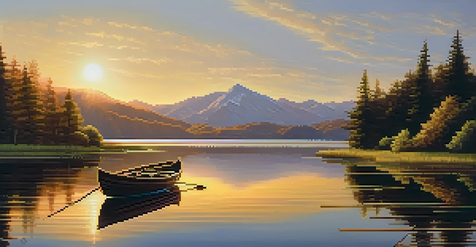 A peaceful lake with mountains in the background, a wooden boat floating on the water, and a warm sunset reflecting off the lake surface.