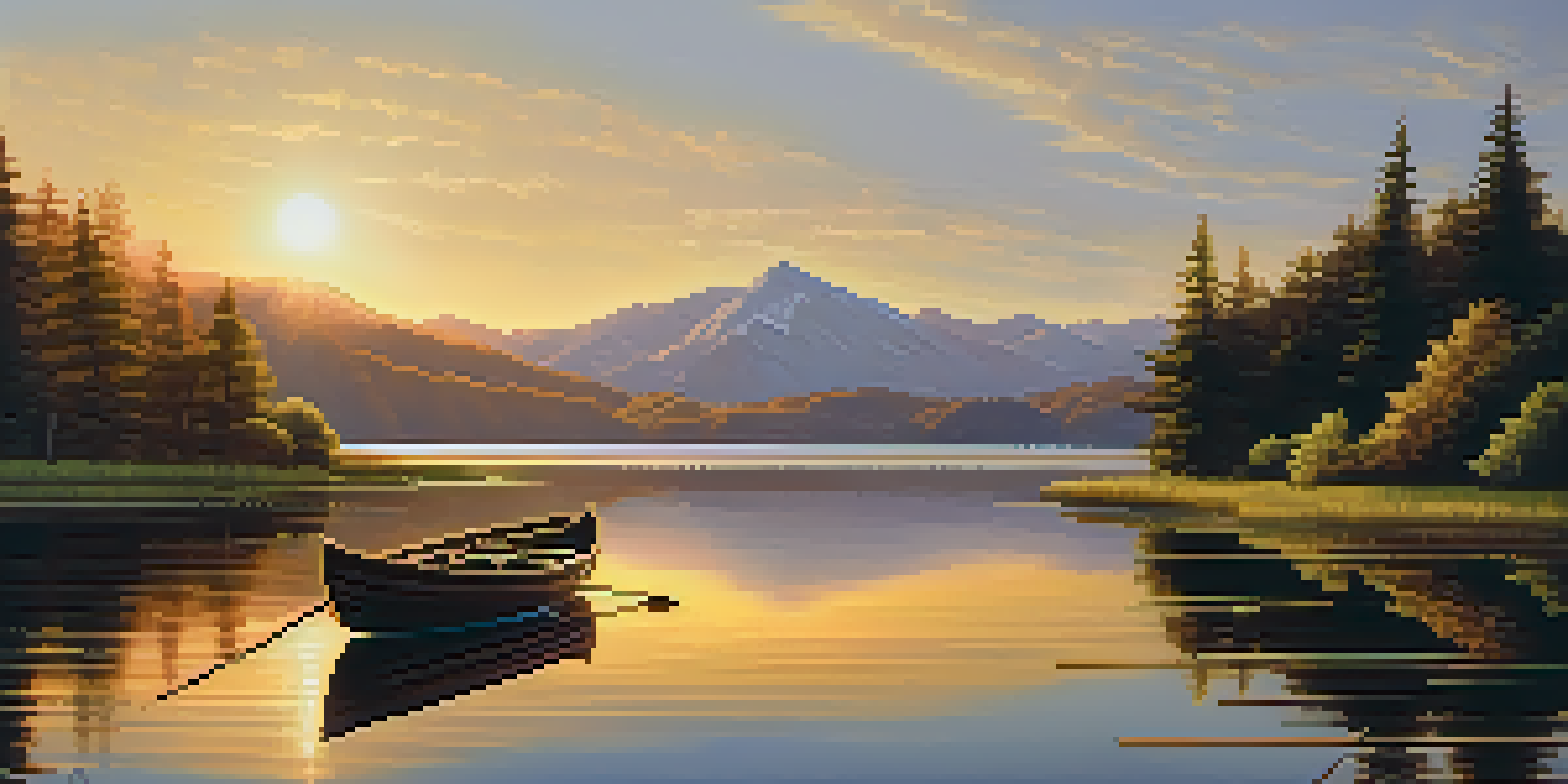 A peaceful lake with mountains in the background, a wooden boat floating on the water, and a warm sunset reflecting off the lake surface.