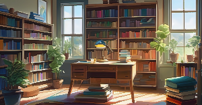 A bright study room with a wooden desk, colorful books, and a cozy armchair illuminated by natural light.