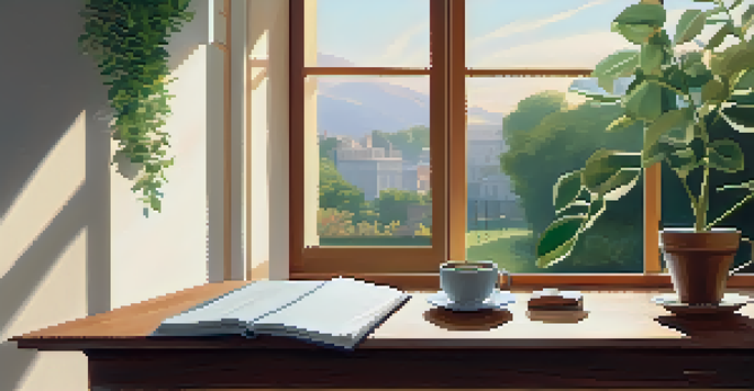 A bright and calm workspace with a wooden desk, an open notebook, a cup of coffee, and a potted plant, illuminated by natural light from a large window overlooking a garden.