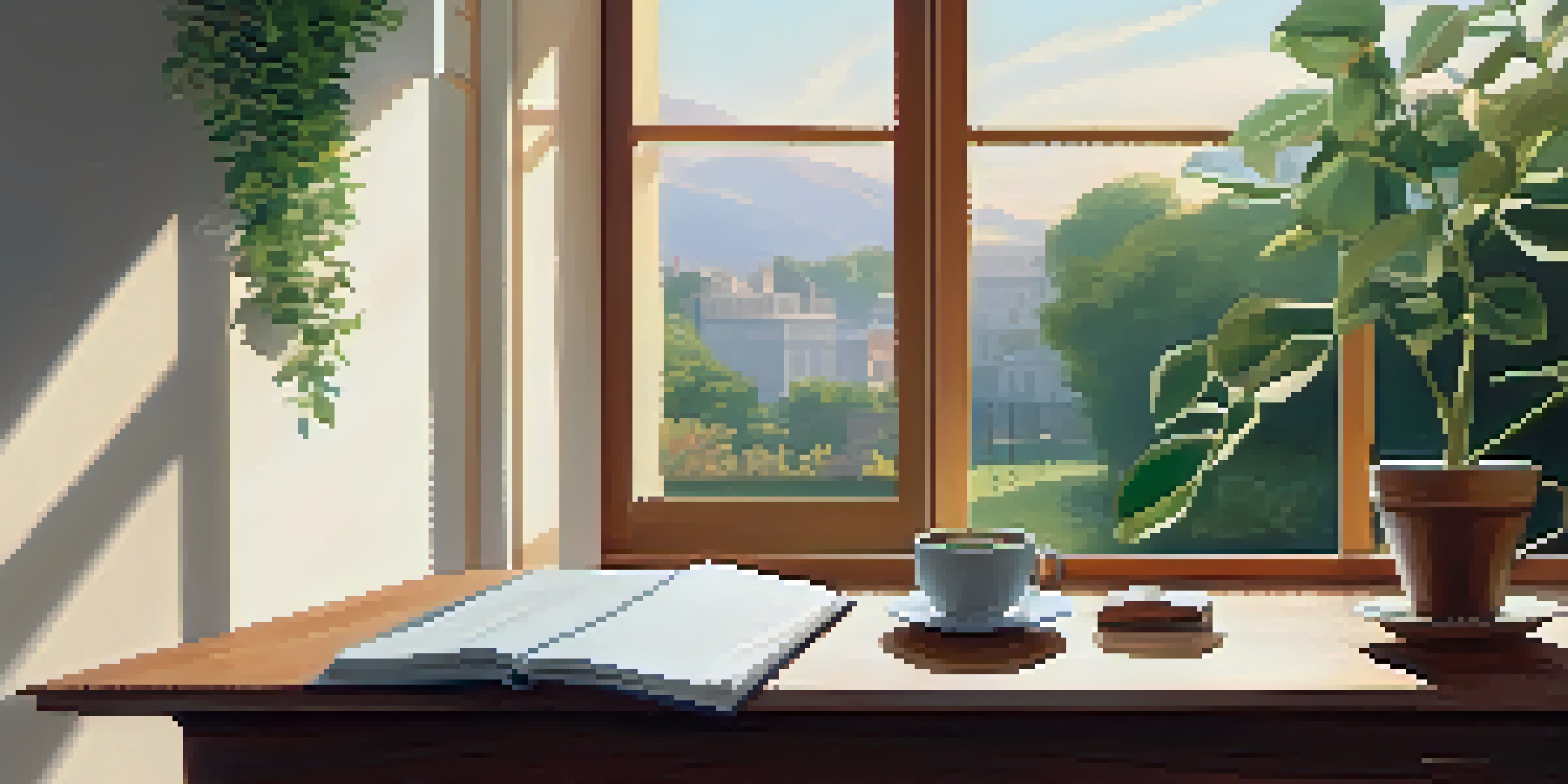 A bright and calm workspace with a wooden desk, an open notebook, a cup of coffee, and a potted plant, illuminated by natural light from a large window overlooking a garden.