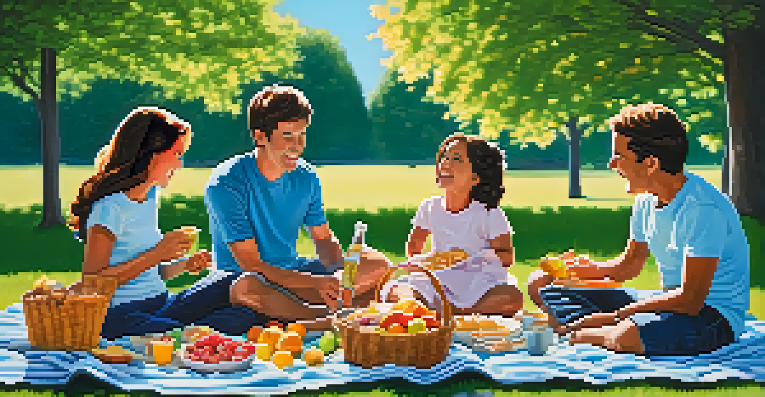 A family enjoying a picnic in a park with a blanket and a basket of fruits, surrounded by trees and blue sky, representing happiness and peace.