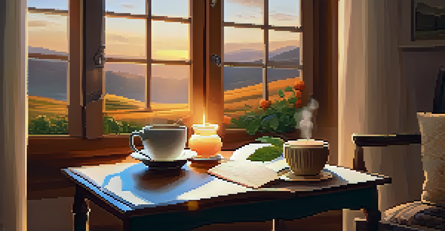 A cozy room with a chair, a gratitude journal, and a cup of tea, illuminated by warm sunset light.