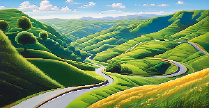 A winding road through a green valley with colorful signposts, representing the journey toward achievable goals under a clear blue sky.
