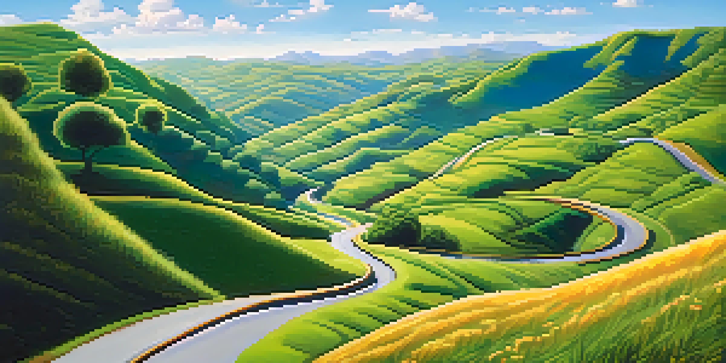 A winding road through a green valley with colorful signposts, representing the journey toward achievable goals under a clear blue sky.