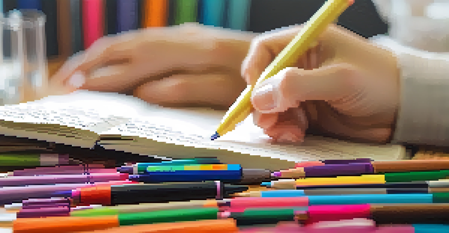 A close-up of a hand writing in a journal with colorful pens, showcasing various prompts and reflections on the pages.