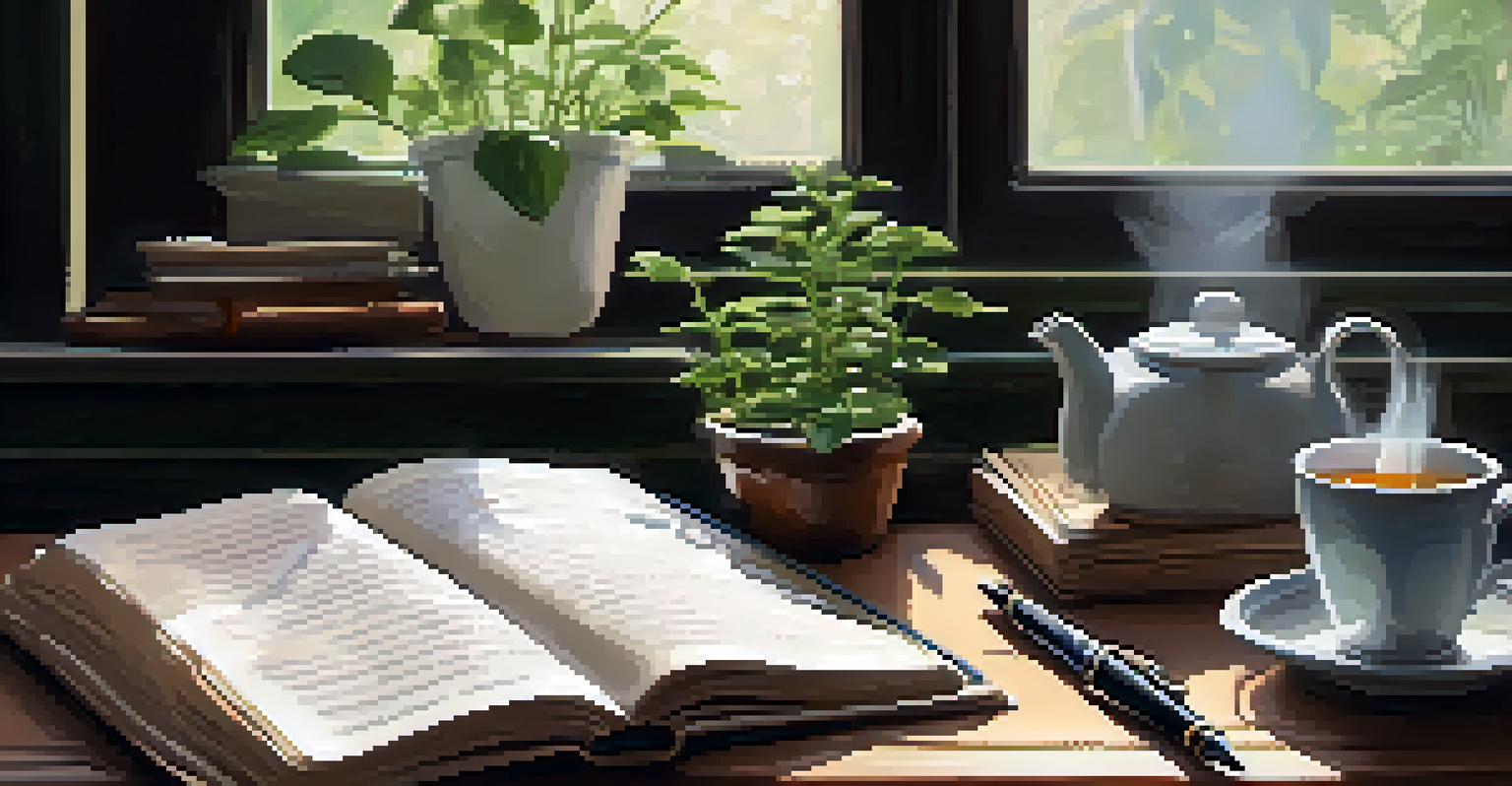 A cozy workspace with a journal, pen, and tea, illuminated by soft light from a window.