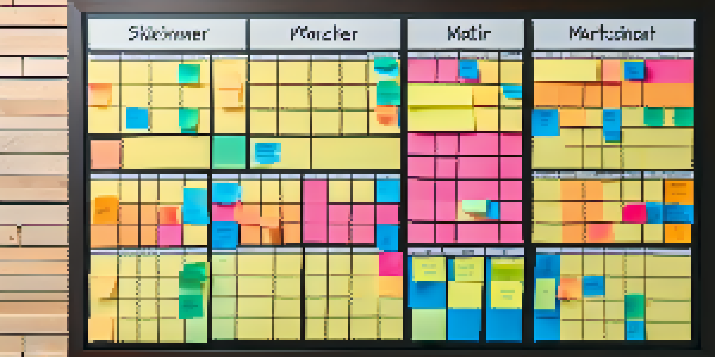 A colorful Eisenhower Matrix chart on a wooden desk with sticky notes indicating various tasks, set in a softly lit office environment.