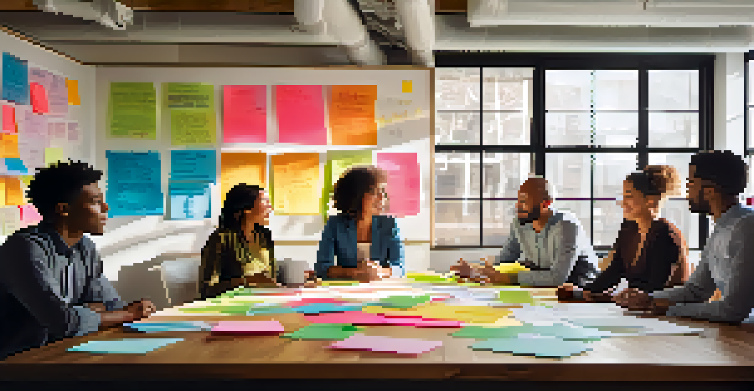 A diverse group of professionals collaborating during a brainstorming session, with colorful sticky notes and warm sunlight illuminating their workspace.