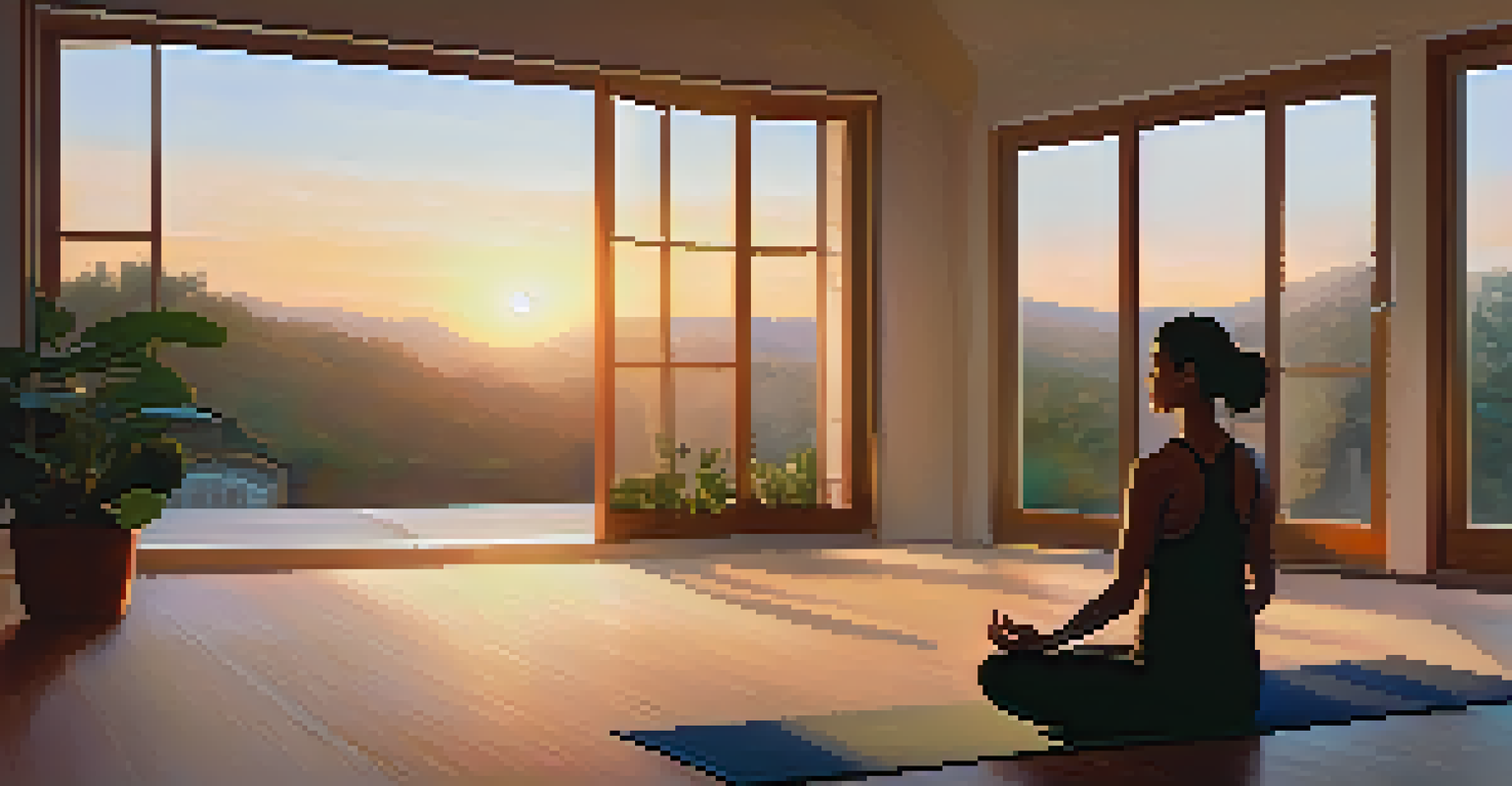 A person meditating on a yoga mat in a cozy, warmly lit room filled with plants and candles.