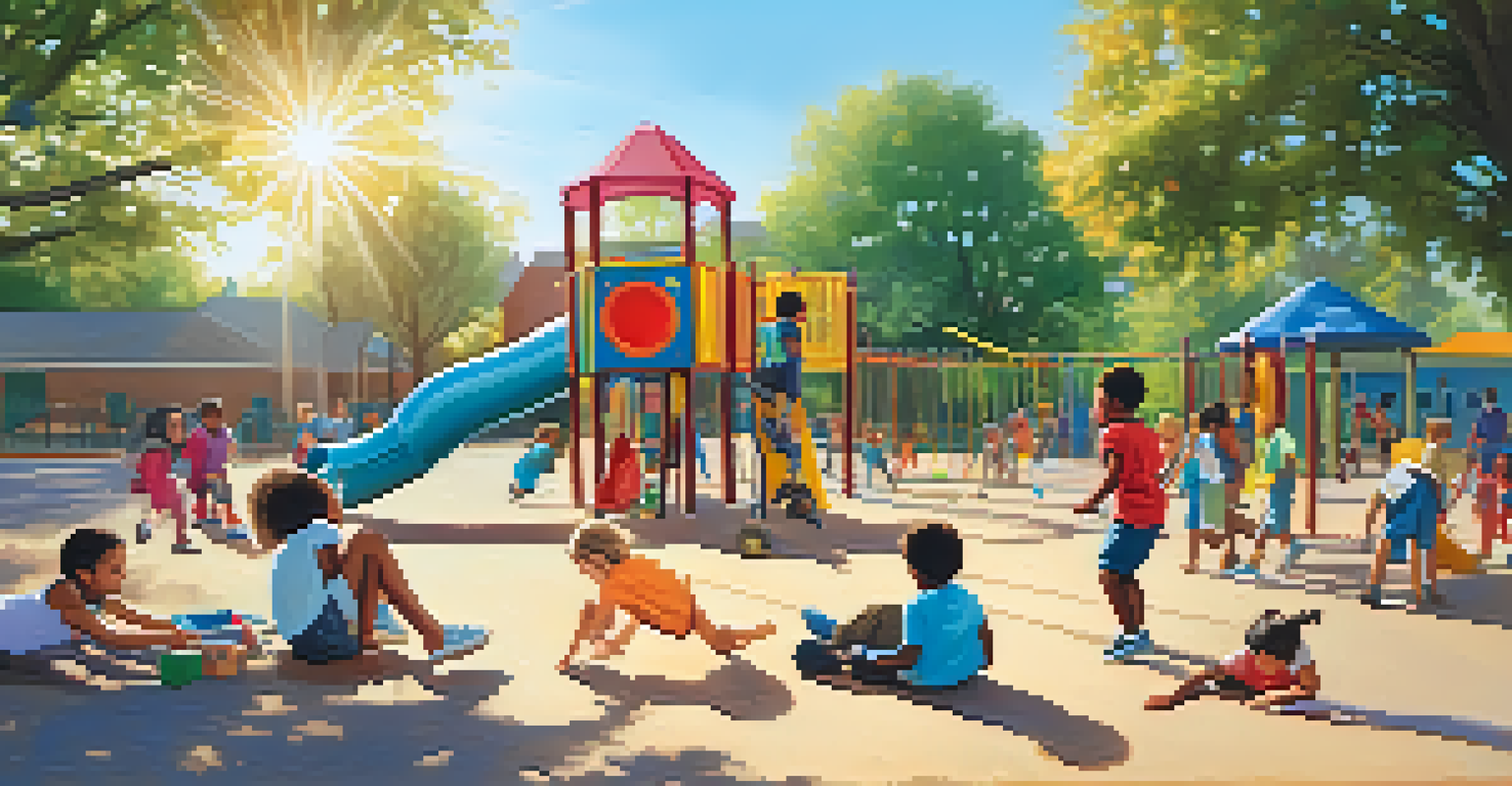 Children of diverse backgrounds playing together at a playground, one helping another who has fallen down.