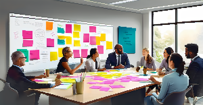A diverse group of professionals brainstorming ideas around a conference table with a large whiteboard filled with colorful sticky notes.