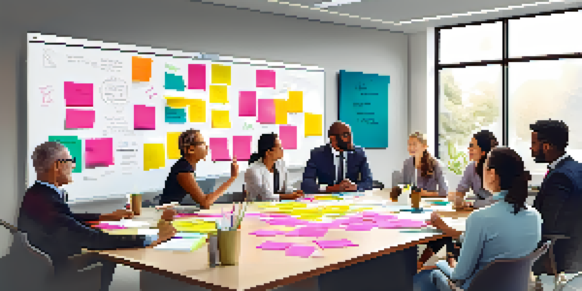 A diverse group of professionals brainstorming ideas around a conference table with a large whiteboard filled with colorful sticky notes.