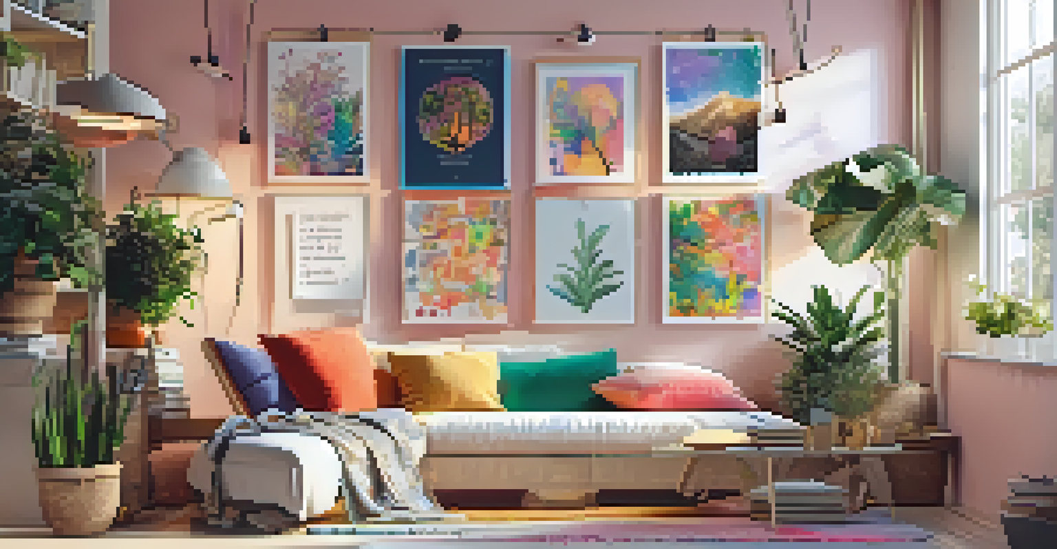 A colorful and inspiring creative nook with a vision board, indoor plants, and cozy seating illuminated by string lights.
