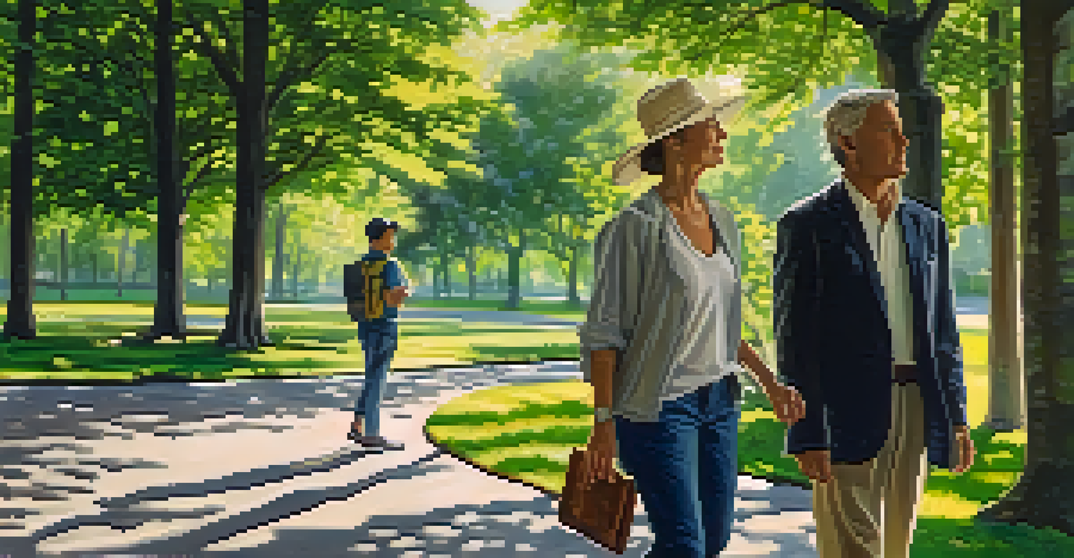 A life coach and a client walking in a green park, engaged in conversation, with sunlight filtering through the trees.
