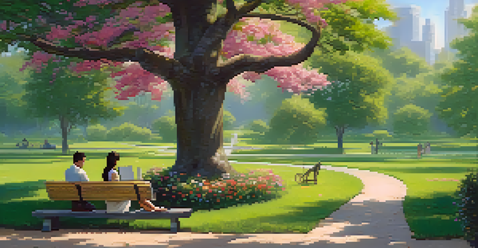 A colorful park scene with a seesaw balancing a person reading under a tree and another person working on a laptop, surrounded by blooming flowers.