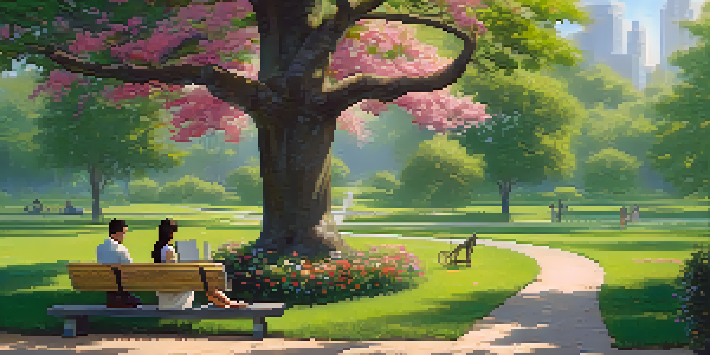 A colorful park scene with a seesaw balancing a person reading under a tree and another person working on a laptop, surrounded by blooming flowers.
